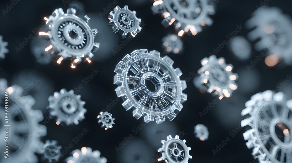 Poster Abstract image of multiple translucent gears in motion.