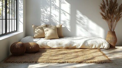 A serene and inviting bedroom space with a linen sheet and soft pillow on a natural fiber mat bathed in soft natural light from the nearby window