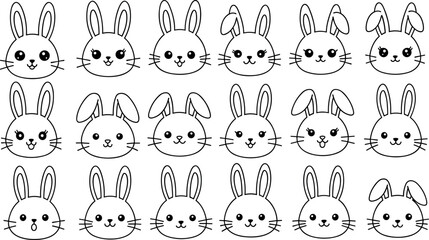 Cute bunny faces pattern, adorable rabbit expressions, cartoon animal heads, fun Easter design, kids illustration, vector art, Adobe Stock image