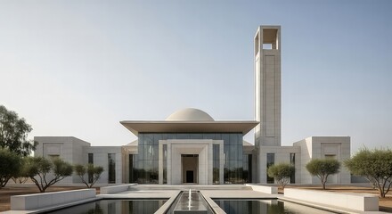 Geometric Serenity: A Modern Mosque with Reflecting Pool and Olive Trees