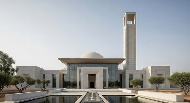 Geometric Serenity: A Modern Mosque with Reflecting Pool and Olive Trees