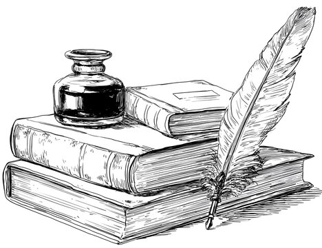A stack of books with a quill and ink coloring page