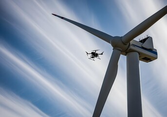 Drone inspecting wind turbine blades against streaked cloudy sky showcasing renewable energy maintenance technology and sustainability
