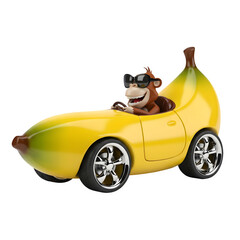 Obraz premium Cool monkey driving a banana-shaped car, 3D cartoon illustration Transparent background
