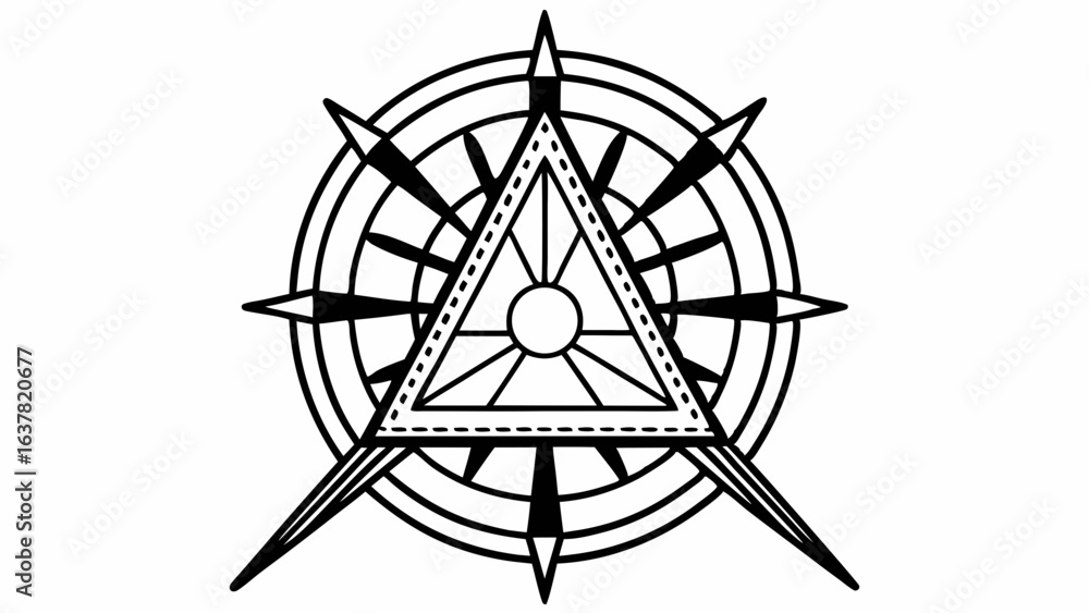 Poster vector geometric design featuring nested isosceles triangle within compass rose, symbolizing directi