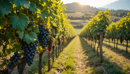 Naklejka premium Sunlit Vineyard with Ripe Grapes Ready for Harvest