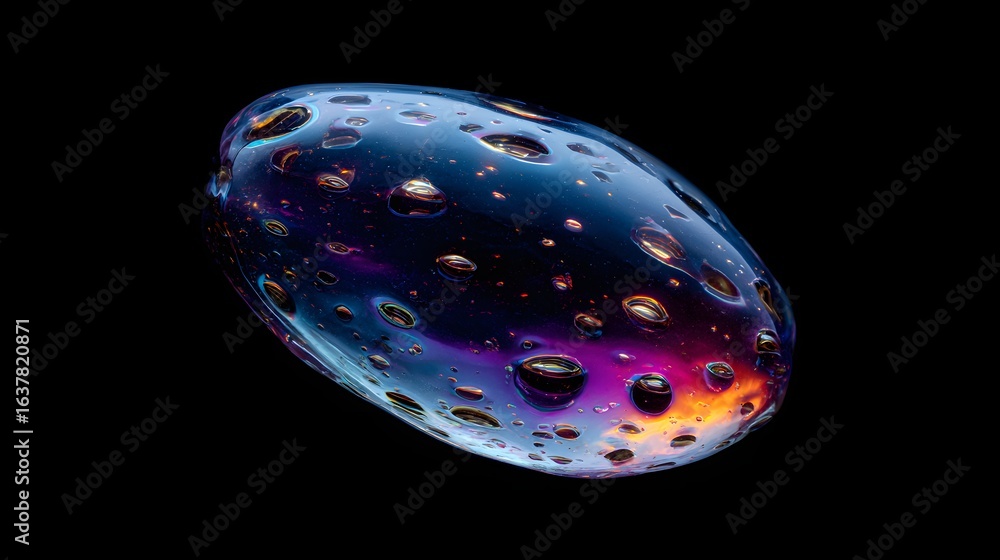 Poster abstract depiction of a multicolored, fluid form with embedded droplets.