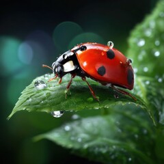 Fototapeta premium Close-Up 3D Ladybug on Green Leaf with Water Droplets, Shallow Depth of Field, High Detail for Mockup Use