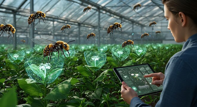 Agricultural Technologist Analyzing Bees and Plants in a Smart Greenhouse - Powered by Adobe