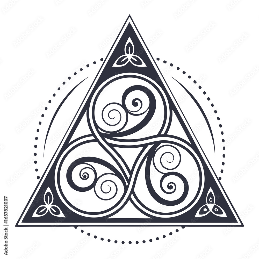 Poster Vector Elegant triangular design featuring mirrored spirals and intricate patterns, symbolizing duality
