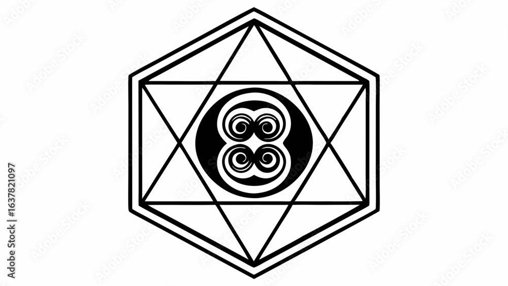 Poster vector geometric design featuring triple spiral vortex inside hexagonal shape, symbolizing harmony