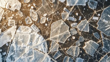 Fractured Frozen Surface A Delicate Mosaic of Shattered Ice Reflecting Sunlight on a Brown Substrate