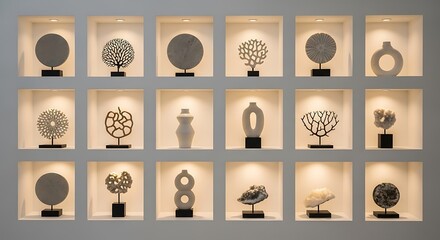 Elegant display of decorative objects in illuminated wall niches enhances interior design