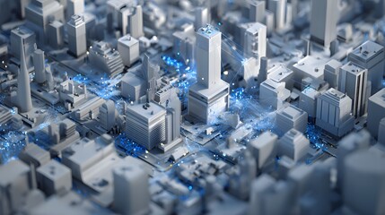 Modern city model, rendered in grayscale, with network connections.