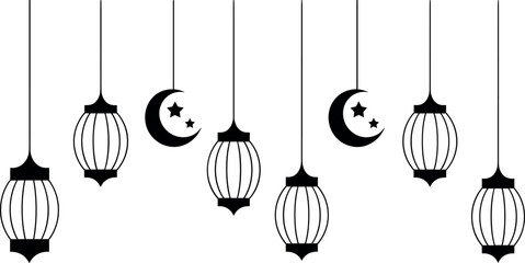 Elegant hanging lanterns and crescent moons, black and white silhouette, Islamic festive design, perfect for Ramadan, Eid, celebration, decoration