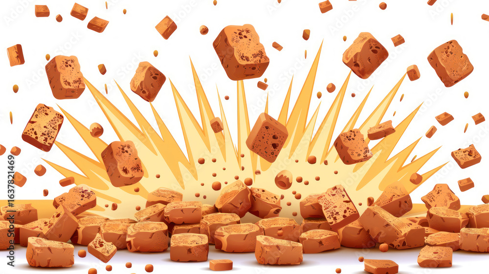Poster exploding cubes of brown sugar in action with dynamic splash effect and bright clouds of dust for cr