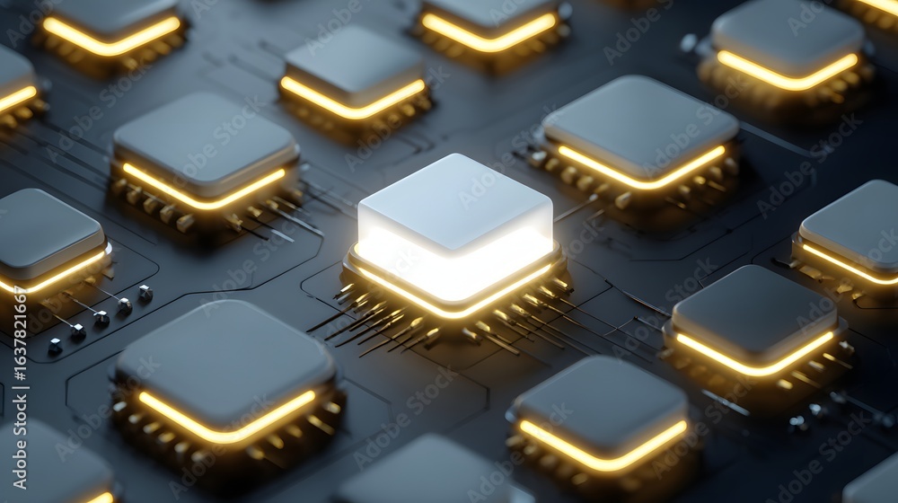 Poster close-up view of illuminated electronic components on a circuit board.