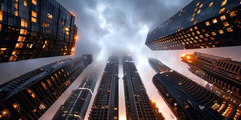 Modern skyscrapers reaching for cloudy sky in dubai at dusk