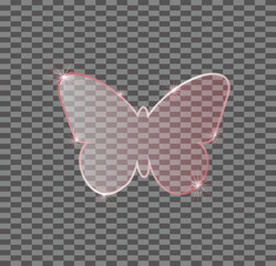 Elegant pink transparent glass butterfly shape with smooth curves and glossy highlights isolated on checkered background for decorative modern graphic design
