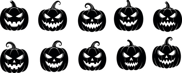 Halloween pumpkin faces, spooky jack-o'-lantern designs, black and white vector illustration, scary expressions, festive decoration, Halloween artwork, creepy style
