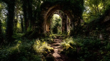 Sunlit path through overgrown ruins.