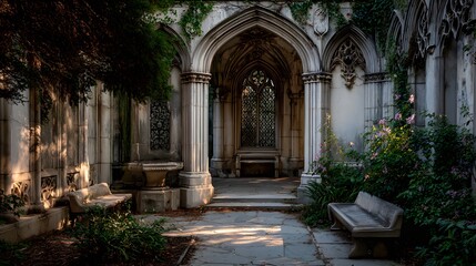 Fototapeta premium Sunlit gothic garden courtyard with benches and plants.