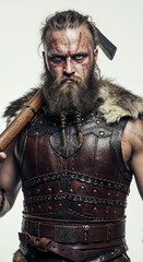 Obraz premium Full-gear Viking warrior portrait, fierce and detailed against white background. 