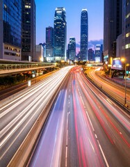 Fototapeta premium City highway at twilight, light trails from speeding vehicles