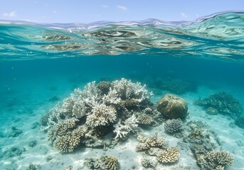 Underwater view of coral reef bleaching with white dead corals caused by rising ocean temperatures and climate change affecting marine biodiversity