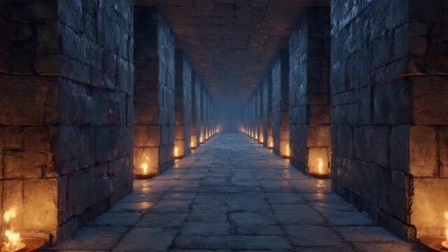 Ancient vaulted corridor in a medieval castle filled with mysterious atmosphere and lit by candles