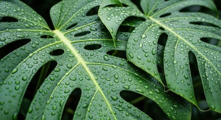Close-up of vibrant green monstera leaves, wet with rain drops