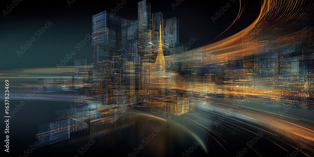 Poster abstract cityscape with dynamic light streaks representing high technology and connectivity