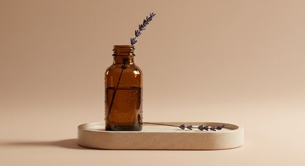 Amber Bottle with Lavender Sprig on Ceramic Tray
