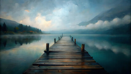 Fototapeta premium A lonely wooden pier stretching into a foggy lake at sunrise