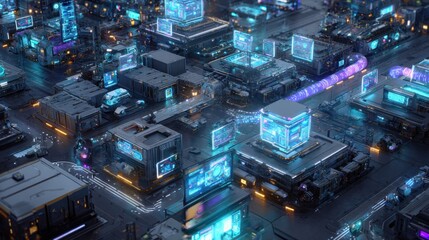 Futuristic Cityscape with Advanced Technology and Glowing Cyberpunk Elements, Illustrating Digital Connectivity and Urban Innovation