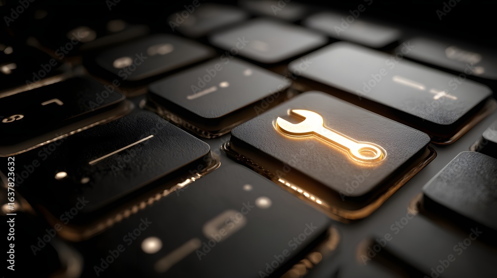 Poster close-up view of a highlighted wrench key on a dark keyboard.