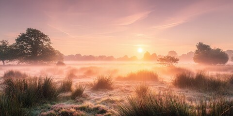 Obraz premium Tranquil Dawn Over Misty Meadow Landscape with Warm Sunlight and Scenic Grassland Views