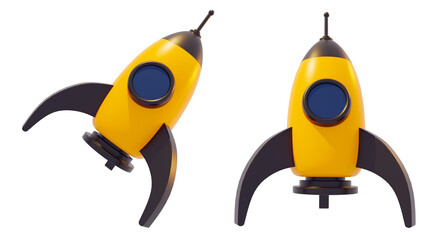 3d flying and standing cartoon-style rockets isolated on white background