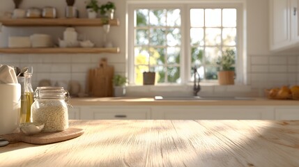 Wooden kitchen table top with blurred background of a bright kitchen.