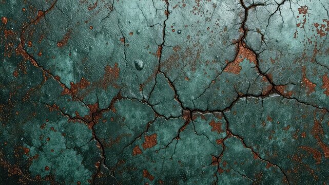Abstract grunge background with cracked dark teal surface and rust colored spots showing through, creating a rough and textured look - Powered by Adobe