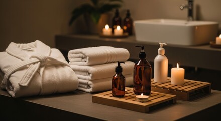 Spa robe, towels, and toiletries on a countertop