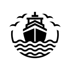 Obraz premium Black and white vector of ship sailing on waves with flying birds, suitable for nautical logos, sea transport branding and marine themed design projects