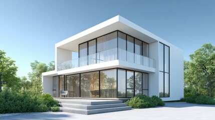 Fototapeta premium Modern Minimalist Home Exterior with Large Windows, Clean Architecture, and Landscaped Yard on a Sunny Day