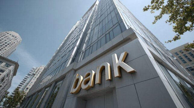 Modern bank building features sleek glass facade and contemporary architecture in an urban setting