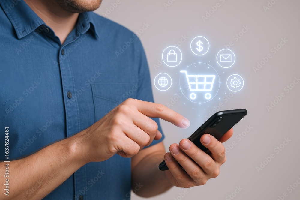 Poster Man Using Smartphone for Online Shopping with Floating Cart and Icons, E-commerce Concept