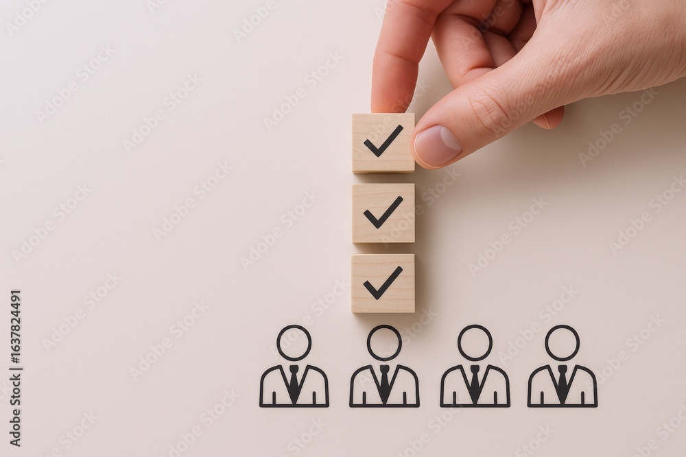 Poster conceptual human resources: hand placing checkmark block above people icons for hiring or selection 