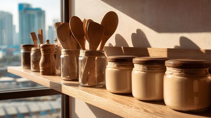 Wooden utensils and jars displayed on a wooden shelf.