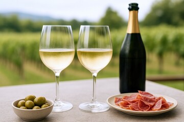 Wine Tasting in Vineyard with Olives and Prosciutto Featuring White Wine and Black Bottle