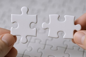 Hands Holding Two Puzzle Pieces Ready to Connect, Symbolizing Solution, Strategy, and Partnership