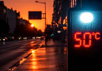 Urban street at sunset with illuminated sign showing 50 degrees Celsius warning about severe heatwave and escalating impacts of climate change